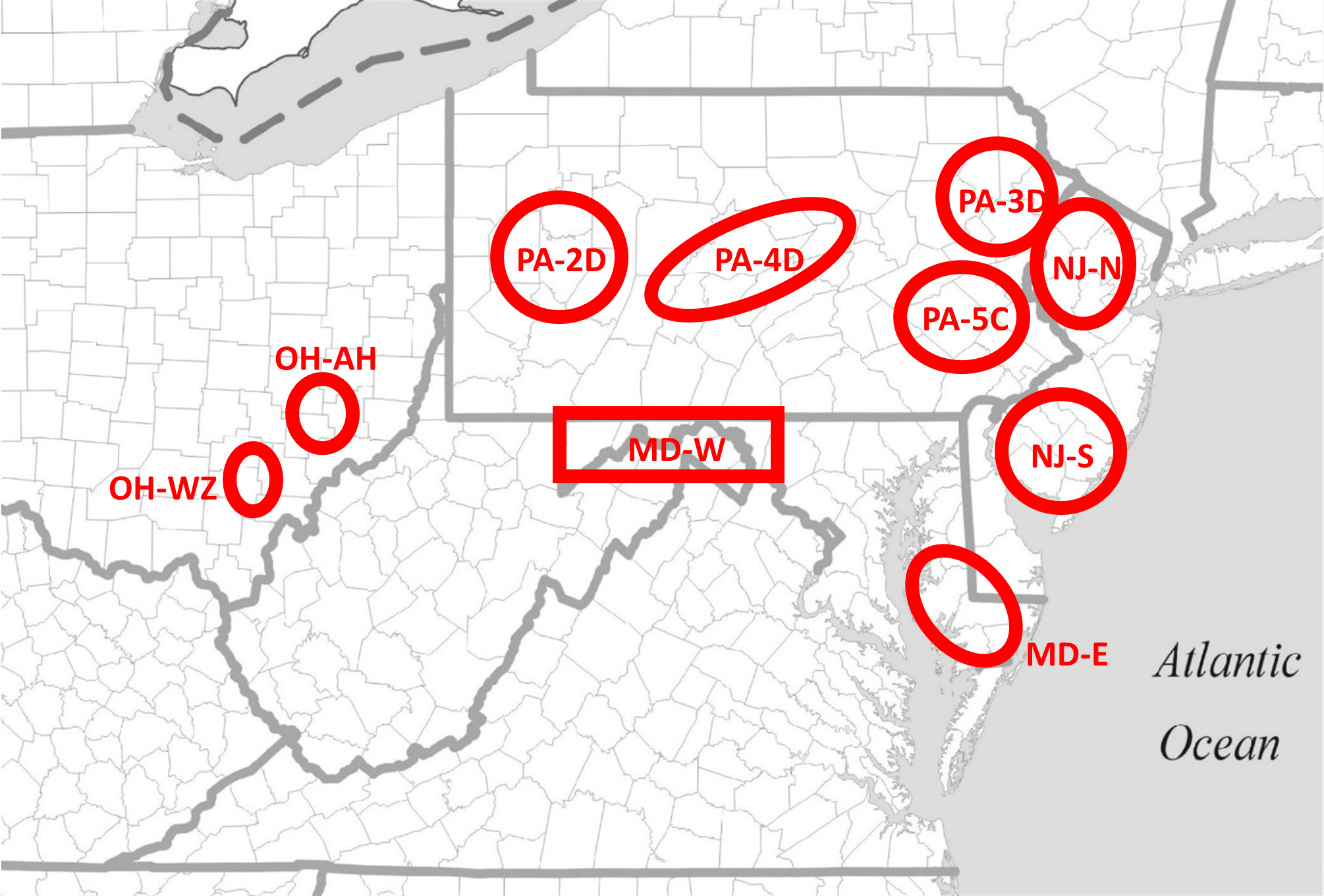 Figure 1. Study areas in Pennsylvania, Maryland, New Jersey and Ohio.